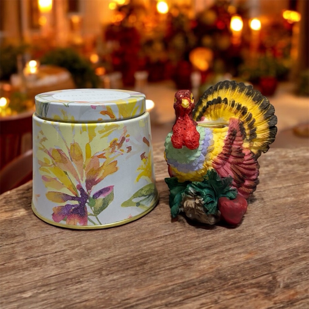 Lot Of 2 - Vtg Ceramic Turkey Candle Holder & Pier 1 Honeysuckle Scented Candle